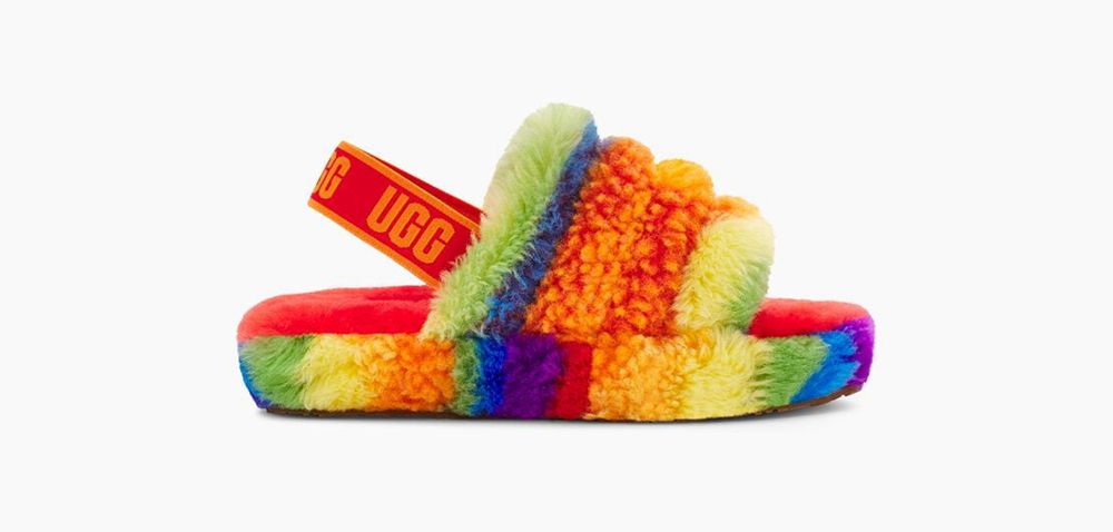 Ugg Fluff Yeah Cali Collage - Kids Slides - Rainbow Stripes - NZ (7610CILSY)